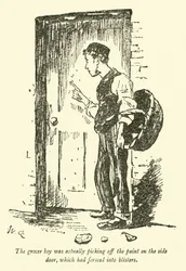 The Grocer Boy Was Actually Picking Off the Paint on the Side Door, Which Had Formed into Blisters